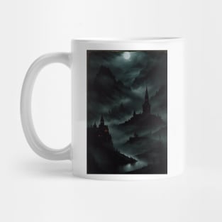 Spooky Village Overlooking a Misty River Mug